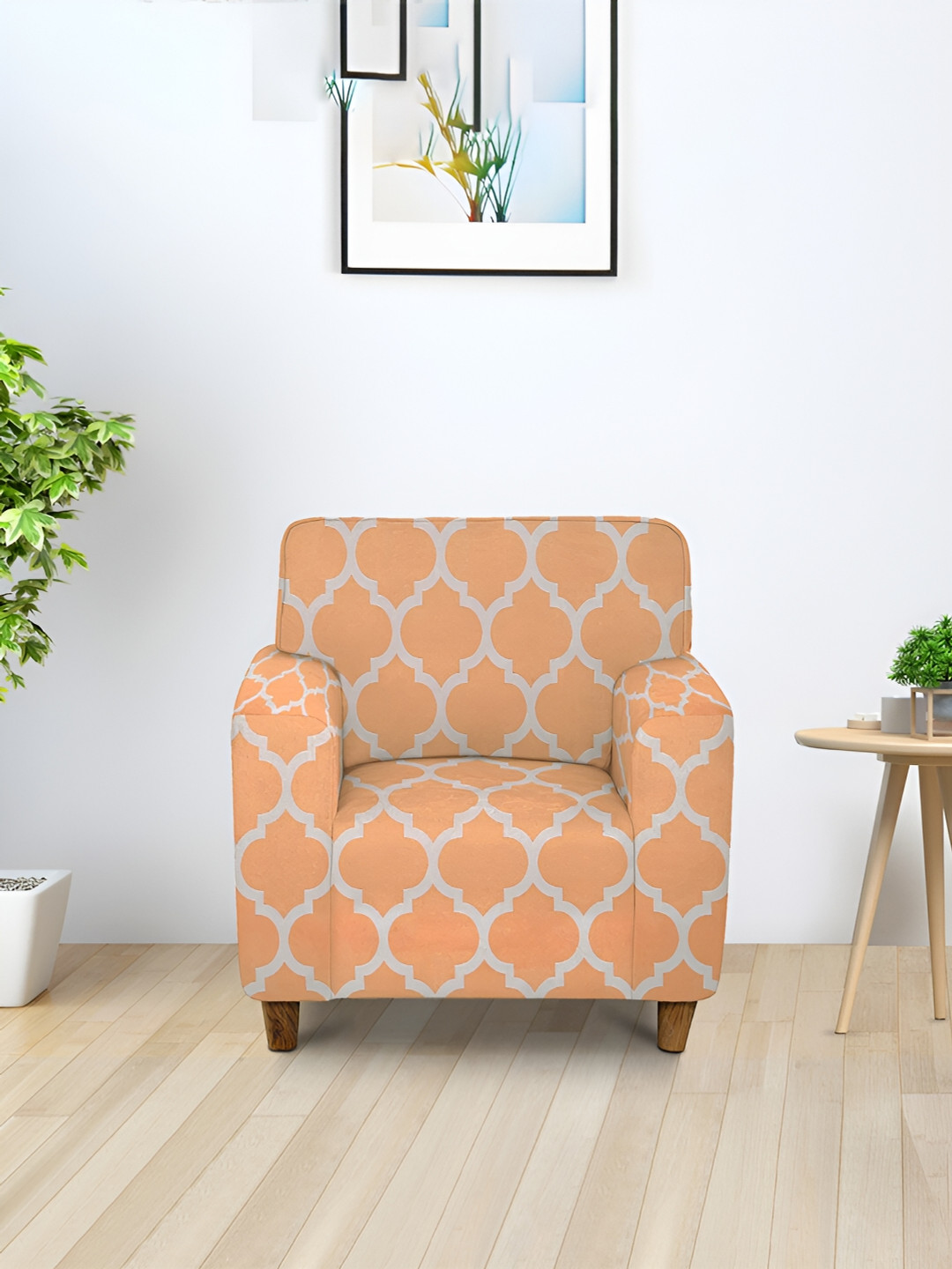 Aura Orange & Off White Printed Stretchable One Seater Sofa Cover