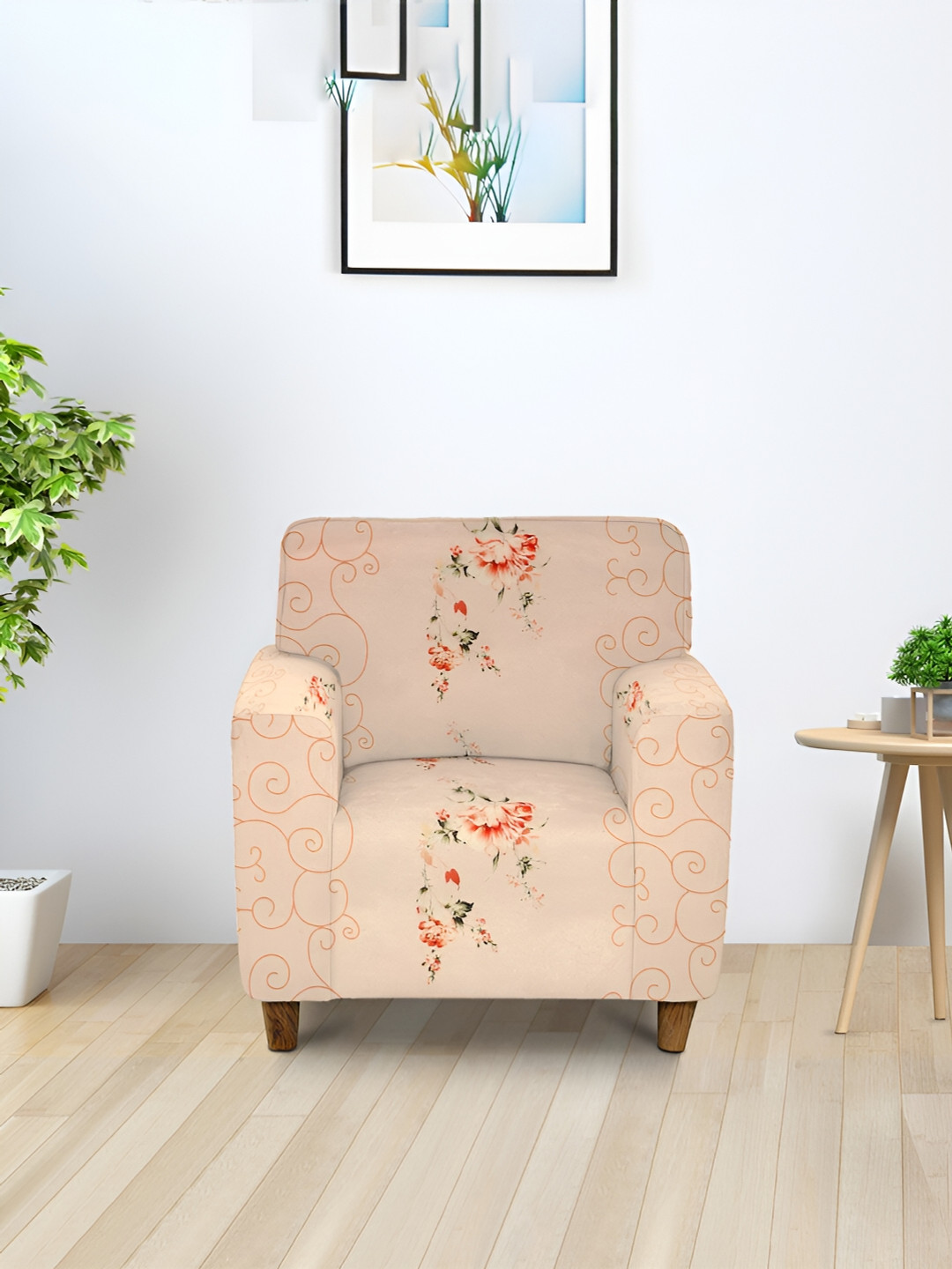 Aura Green & Red Printed Stretchable One Seater Sofa Cover