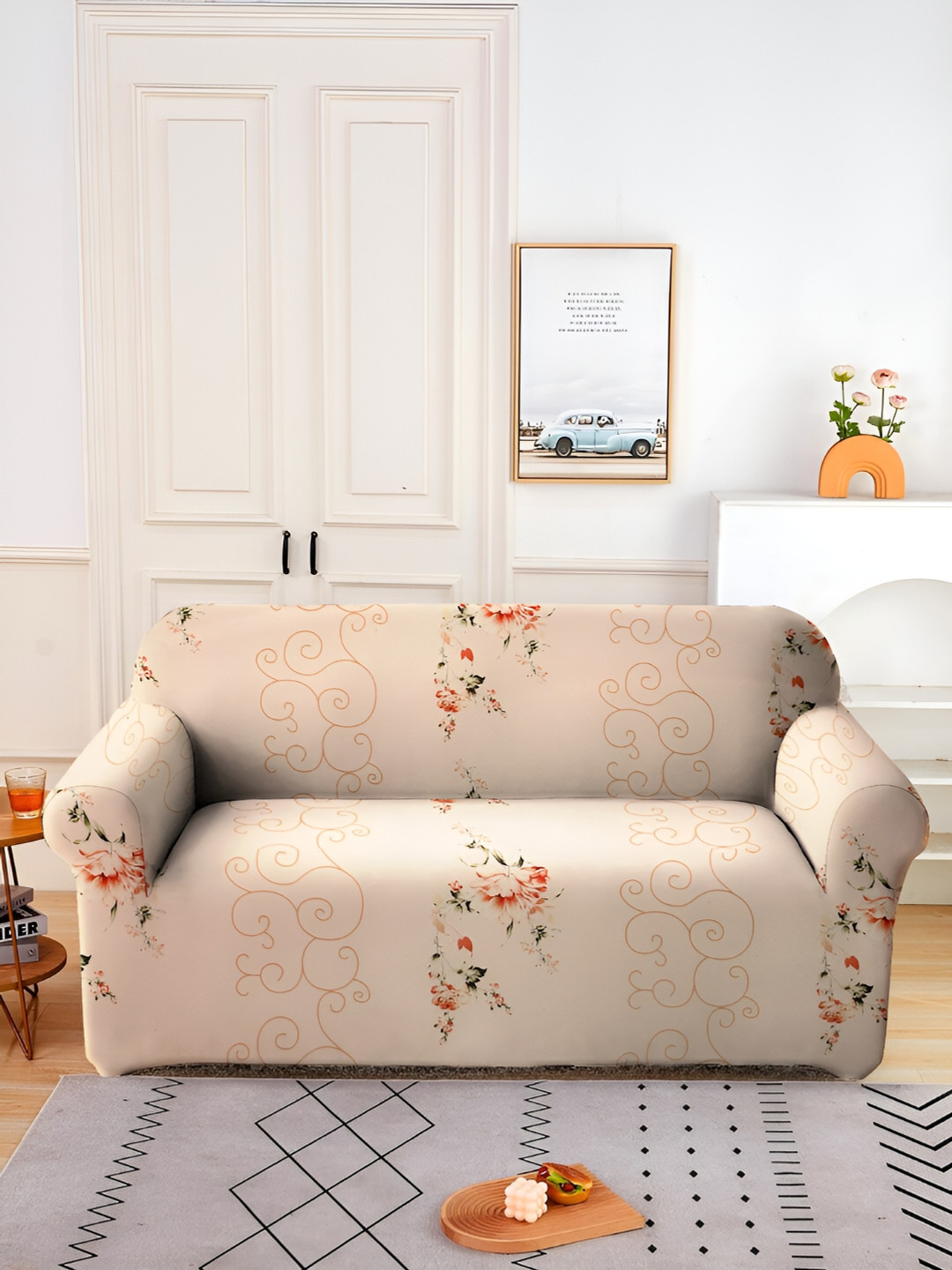 Aura Cream Coloured & Green Printed Stretchable Two Seater Sofa Cover With Arms