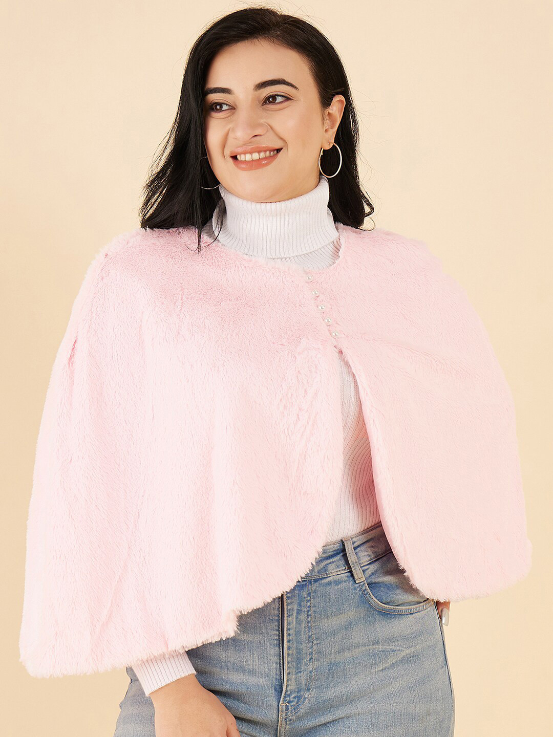 Antheaa Curve Plus Size Self Design Lightweight Faux Fur Cape Jacket