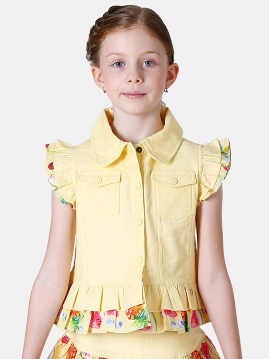 One Friday Girls Flutter Sleeve Shirt Collar Cotton Front Open Top