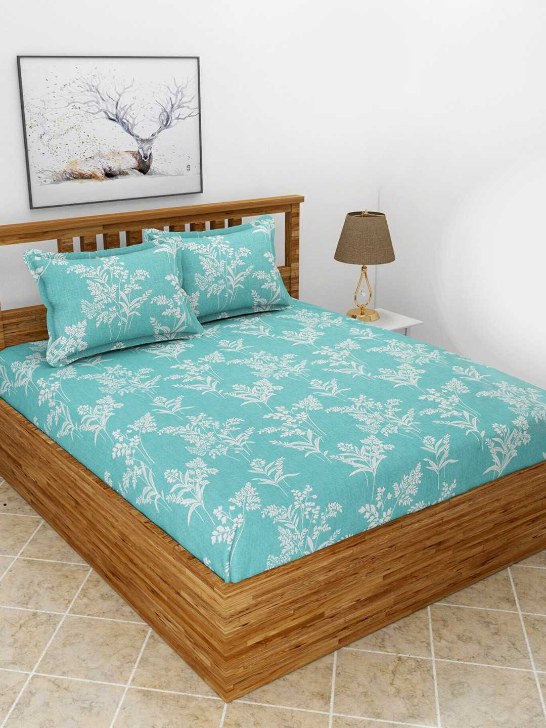 MORADO Maple Green Floral Polycotton 210 TC Fitted Queen Fine Bedsheet with 2 Pillow Covers-78 x 72 inches