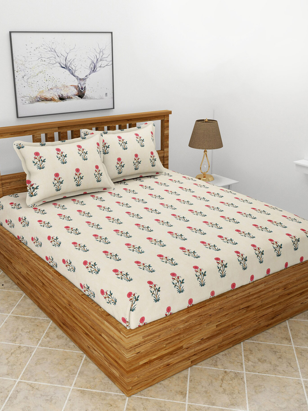 MORADO Royal Passion Cream Floral Polycotton 210 TC Fitted Queen Fine Bedsheet with 2 Pillow Covers-78 x 72 inches