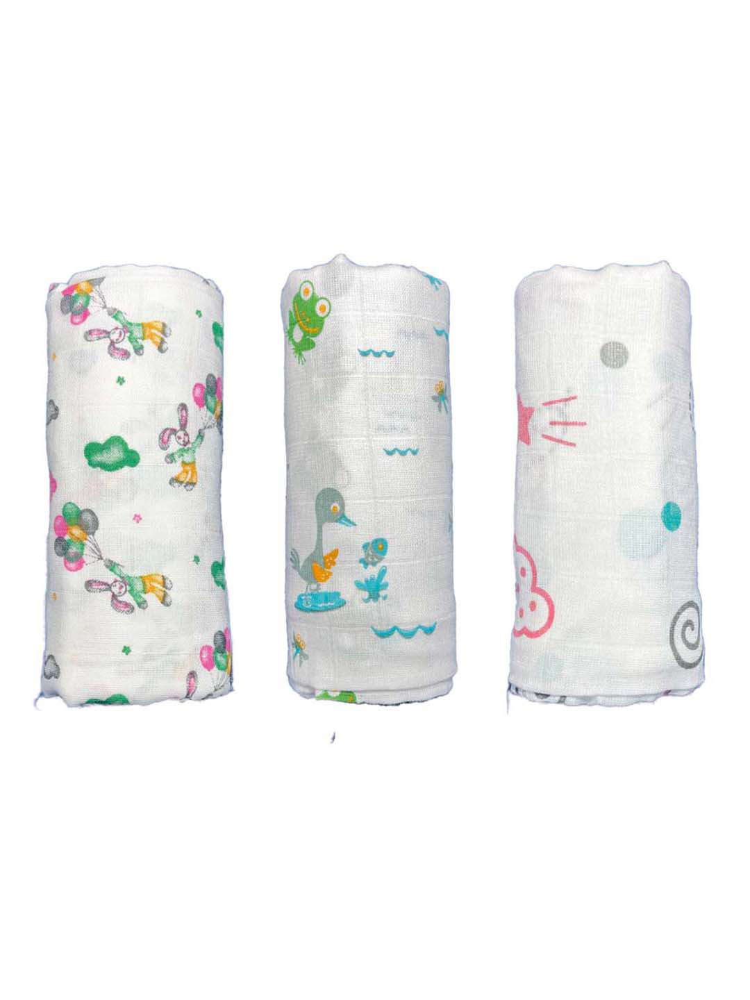 PINKBUNNY Girls Set of 3 Printed Pure Cotton Muslin Swaddle Cloth