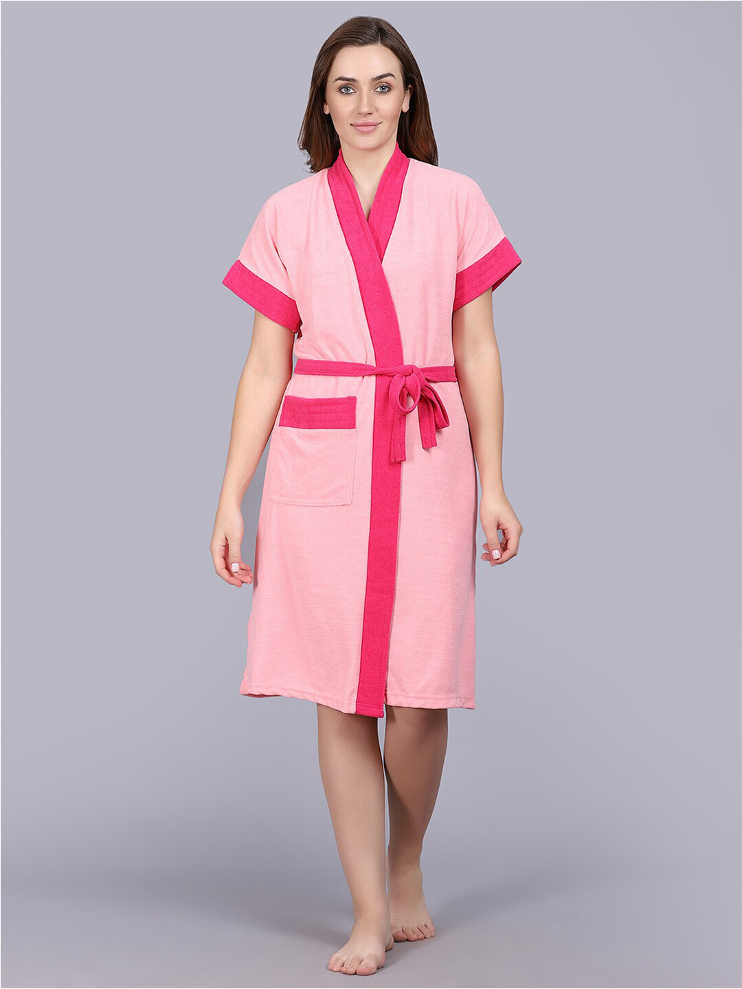 POORAK Pink Solid Terrycloth Drawstring Knee Length Bath Robe