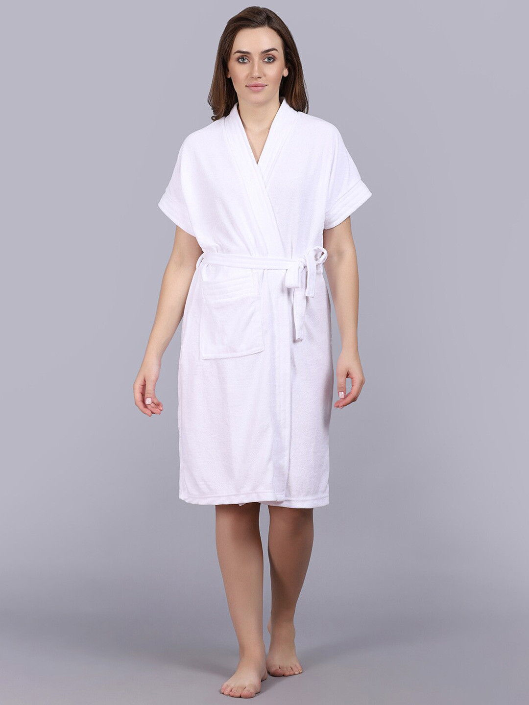 POORAK White Solid Terrycloth Drawstring Knee Length Bath Robe