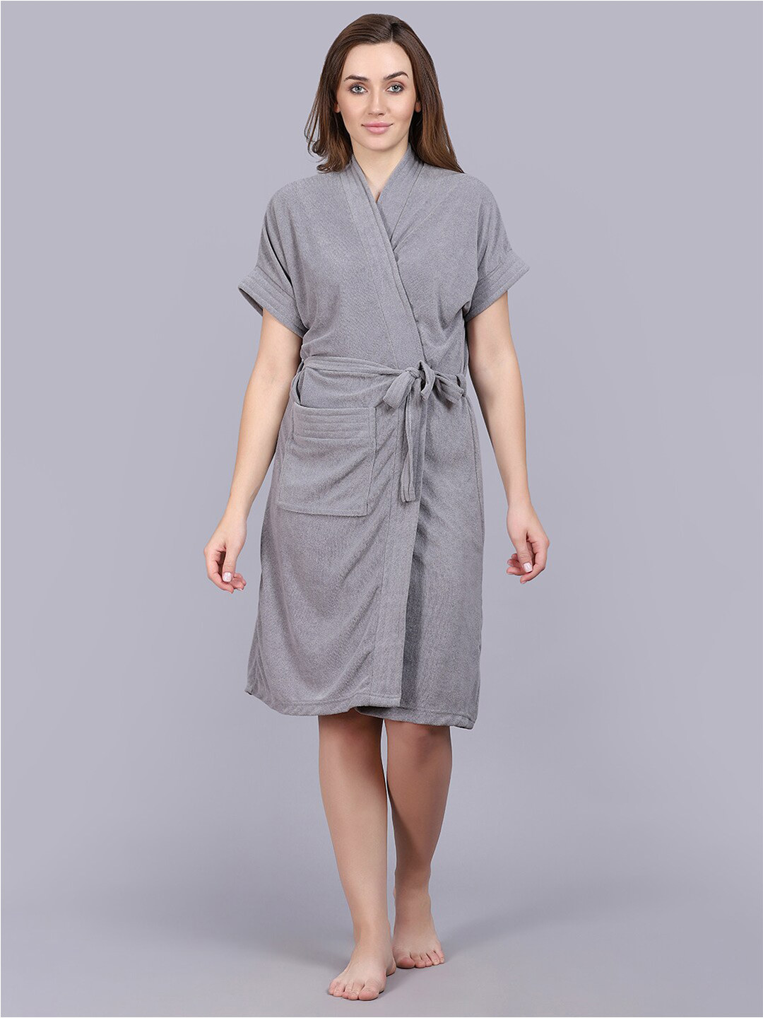 POORAK Grey Solid Terrycloth Drawstring Knee Length Bath Robe