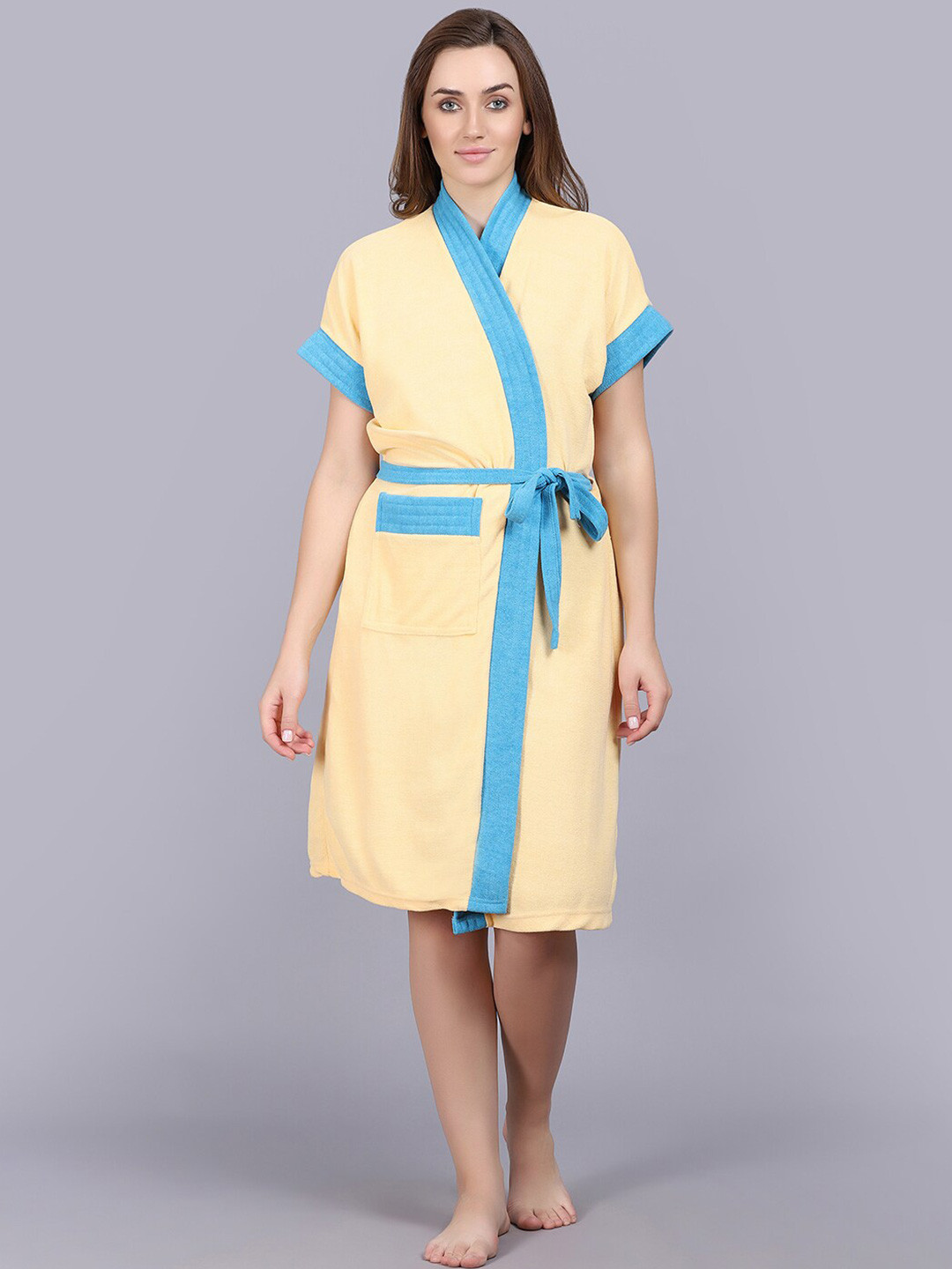 POORAK Yellow Solid Terrycloth Drawstring Knee Length Bath Robe