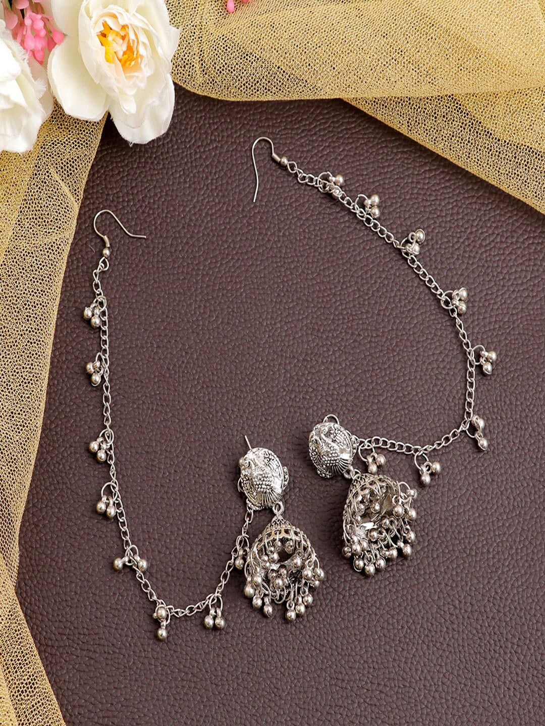 UNIVERSITY TRENDZ Silver-Plated Classic Studded & Beaded Jhumkas