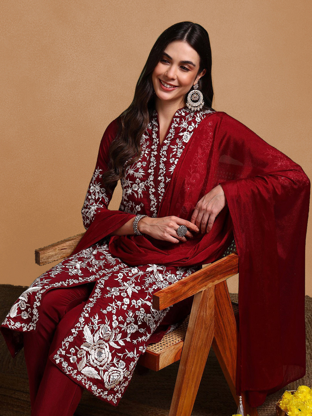AHIKA Maroon Floral Embroidered Regular Thread Work Kurta With Trousers & Dupatta