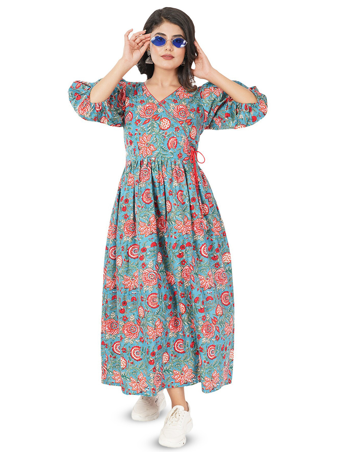 BAESD Floral Print V-Neck Puff Sleeve Gathered Fit & Flare Cotton Casual Midi Dress