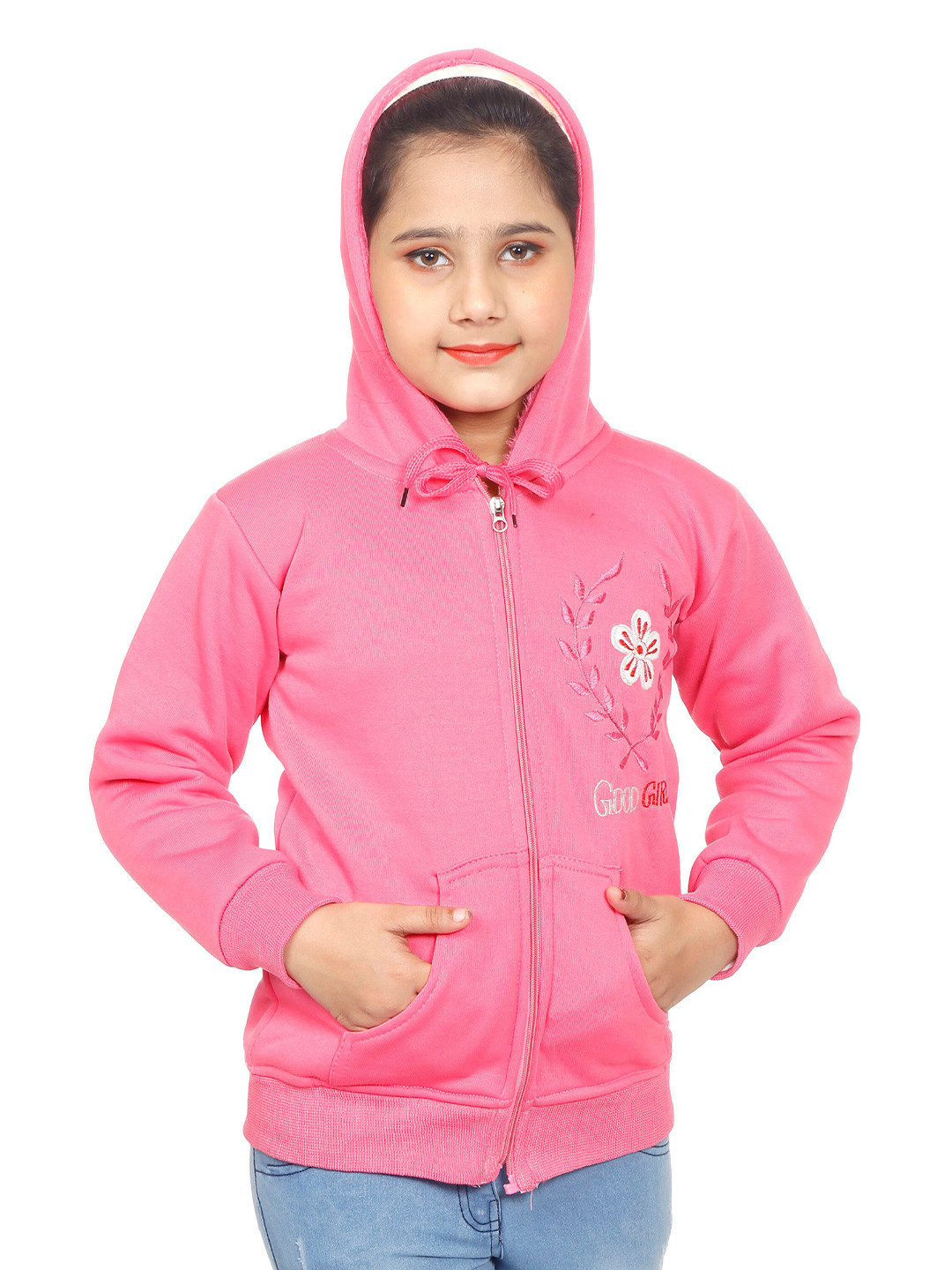 BAESD Girls Floral Embroidered Hooded Storm-Fit Cotton Front-Open Sweatshirt