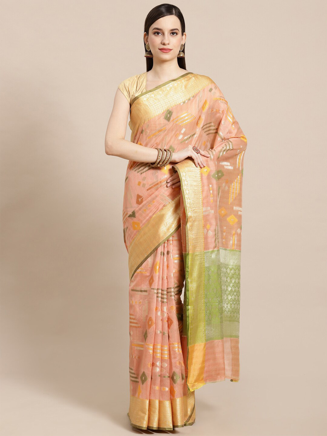PTIEPL Banarasi Silk Works Green & Pink Ethnic Woven Design Zari Silk Banarasi Saree