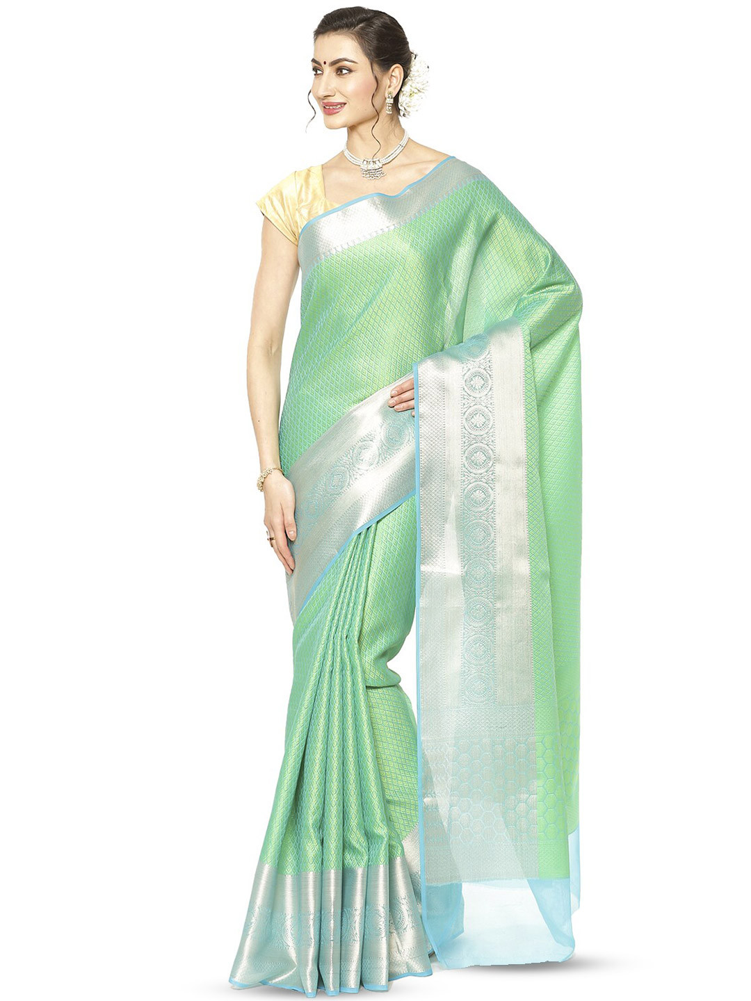 PTIEPL Banarasi Silk Works Green & Blue Ethnic Woven Design Zari Art Silk Banarasi Saree