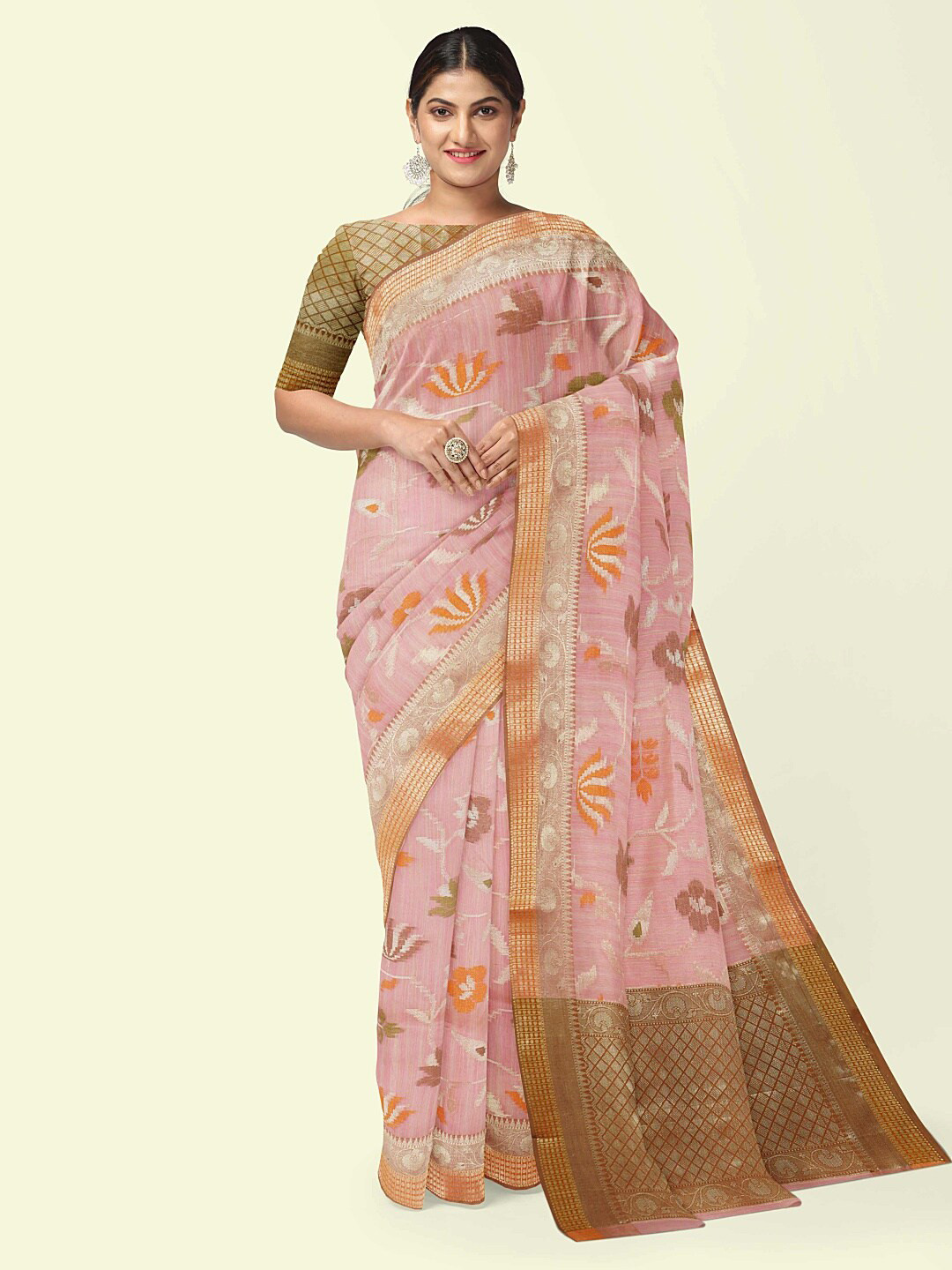 PTIEPL Banarasi Silk Works Pink & Brown Ethnic Woven Design Zari Silk Banarasi Saree