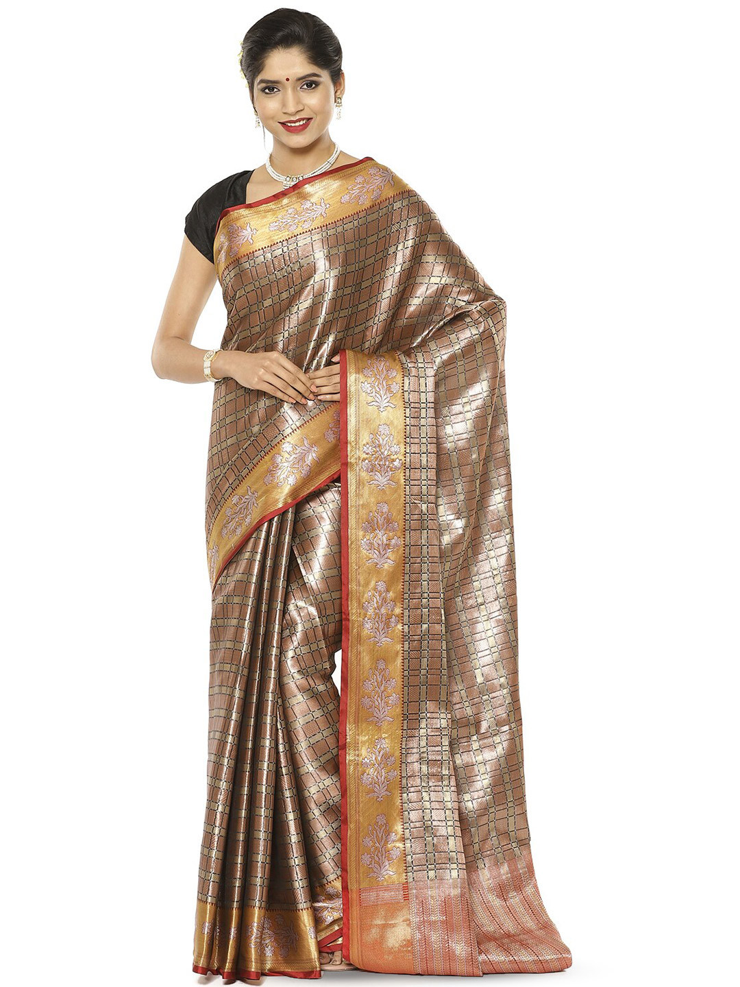 PTIEPL Banarasi Silk Works Brown & Maroon Ethnic Motifs Zari Silk Kanjeevaram Saree