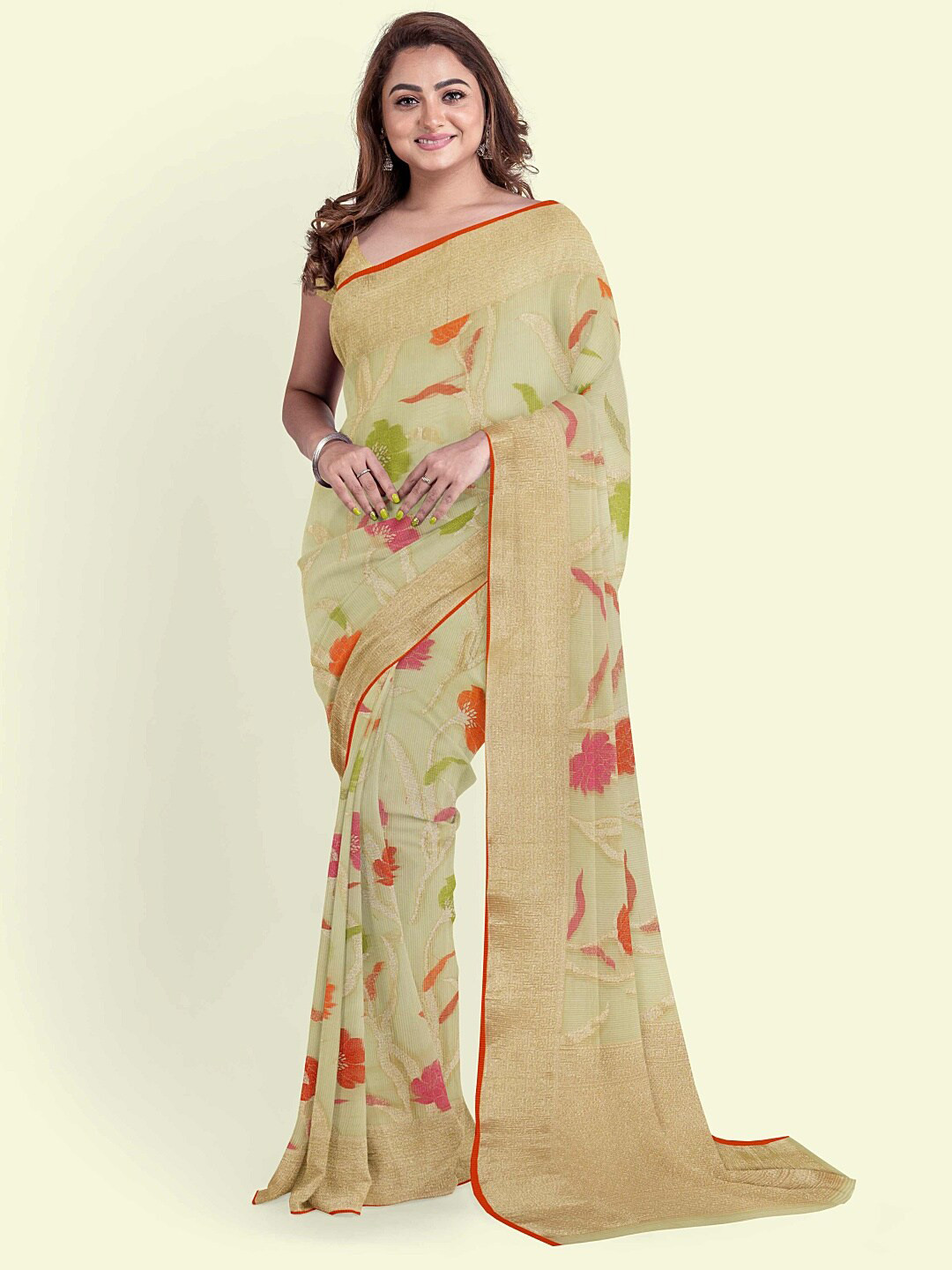 PTIEPL Banarasi Silk Works Peach-Coloured & Green Floral Zari Banarasi Saree