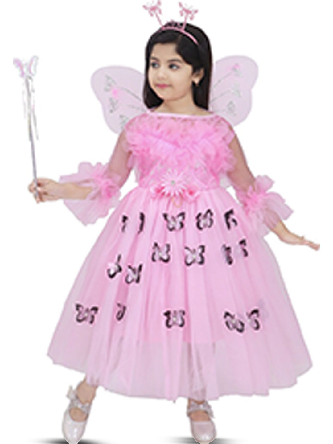 BAESD Girls Floral Print Boat Neck Bell Sleeve Net Fit & Flare Maxi Party Dress