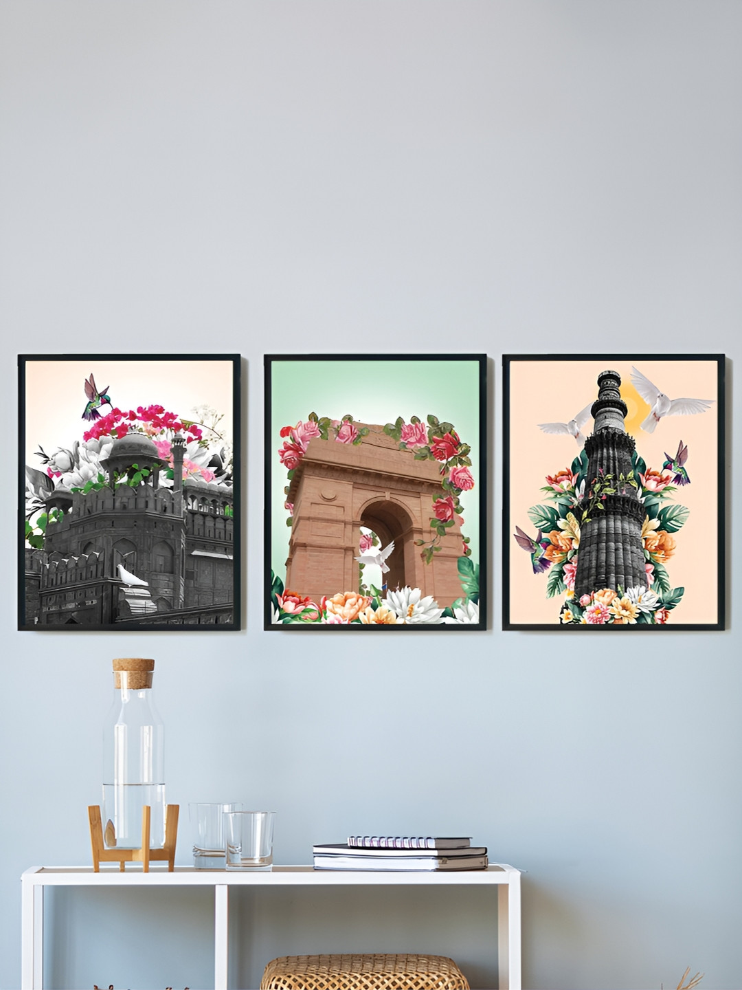 Art Street Black & Peach Coloured 3 Piece Qutub Minar Wall Paintings