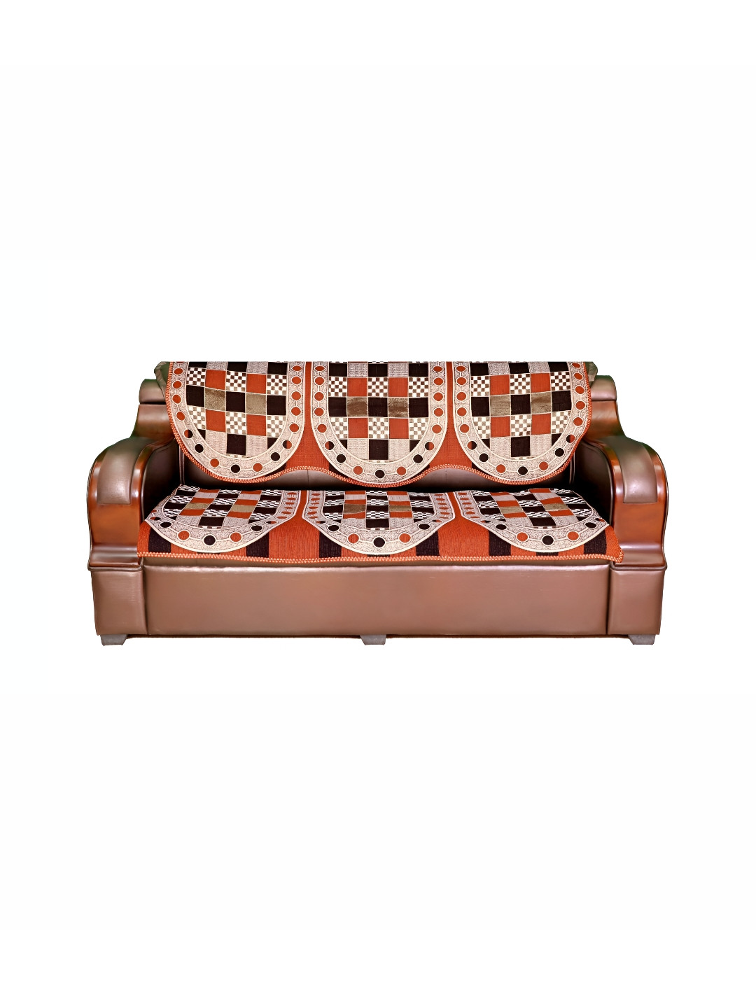 AZOTICA Rust & Black 6 Pieces Geometric 5 Seater Cotton Sofa Covers