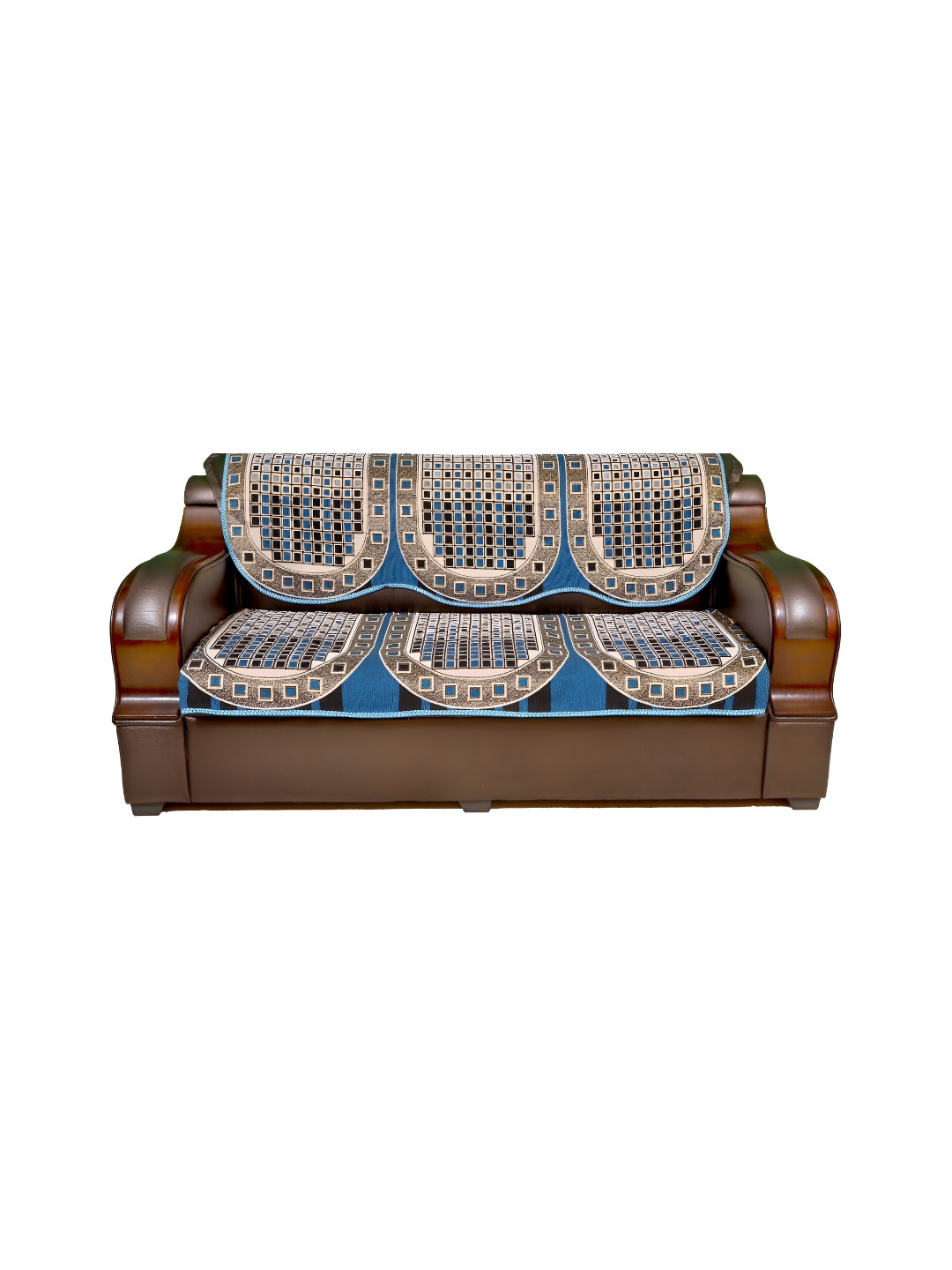 AZOTICA Blue & Black 6 Pieces Geometric 5 Seater Cotton Sofa Covers