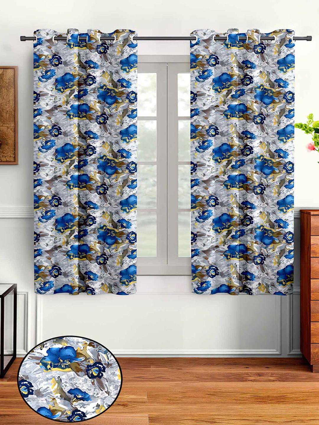 Aura Blue & Grey 2 Pcs Abstract Printed Window Curtain