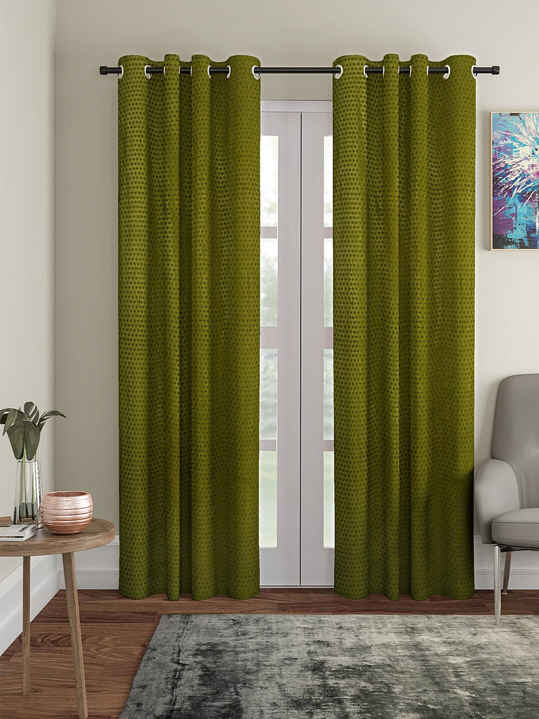 Aura Olive 2 Pieces Self Designed Door Curtains