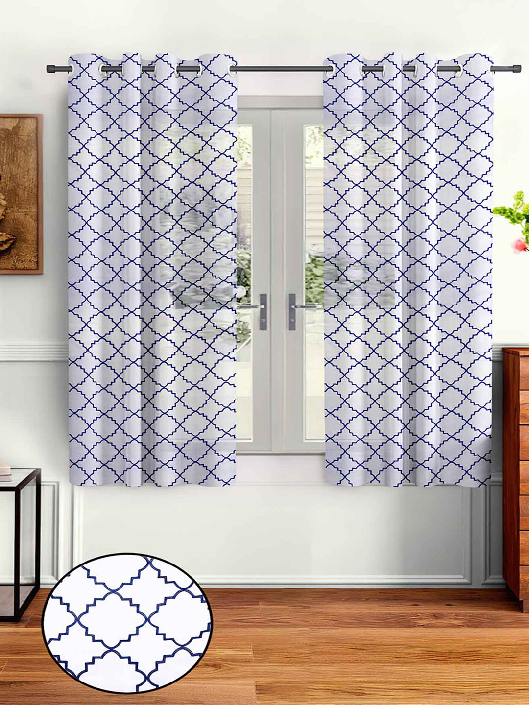 Aura White & Navy Blue 2 Pcs Embroidered Sheer Window Curtain