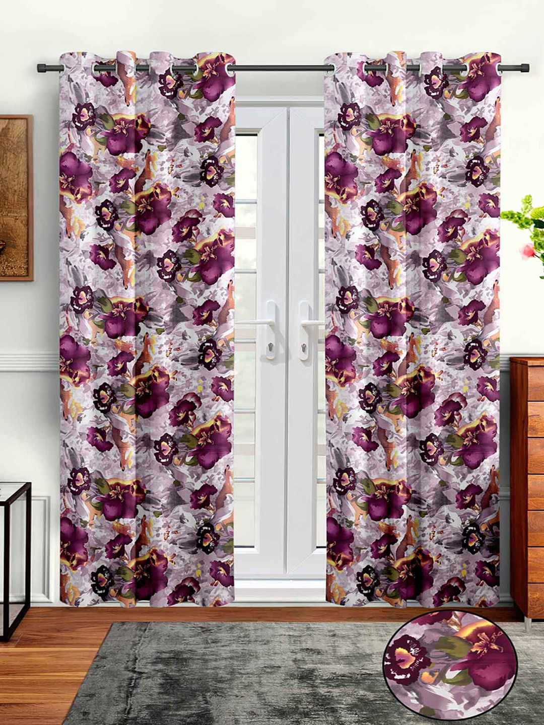 Aura Purple & White 2 Pieces Floral Door Curtain