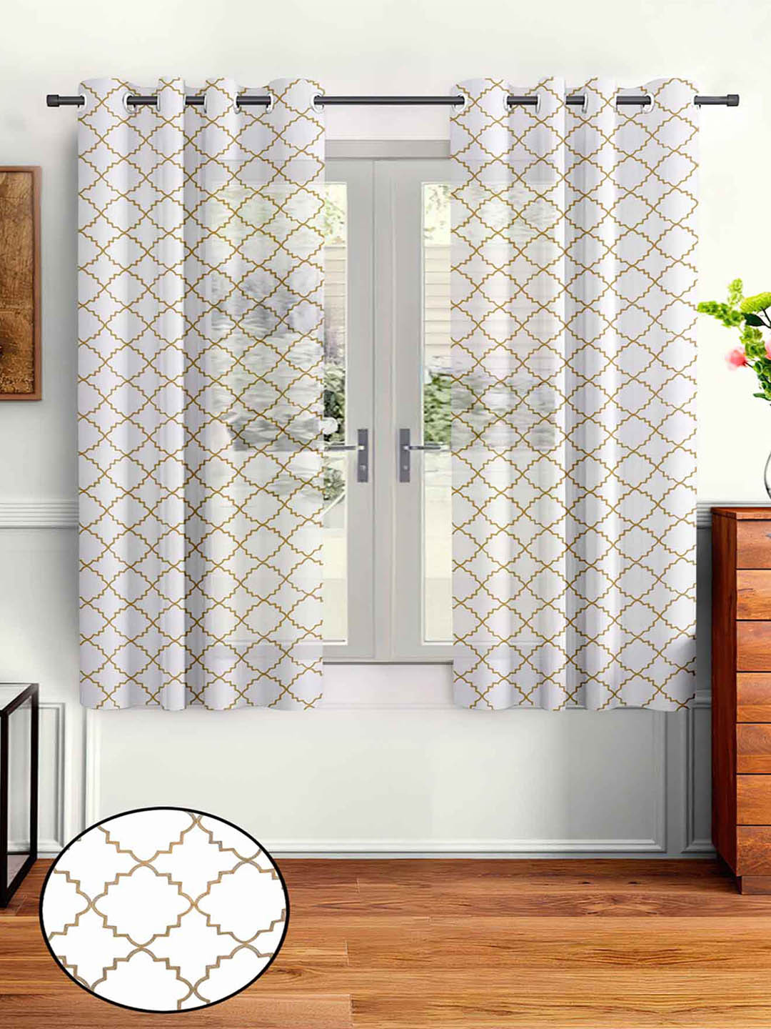 Aura White & Beige 2 Pieces Embroidered Sheer Window Curtain