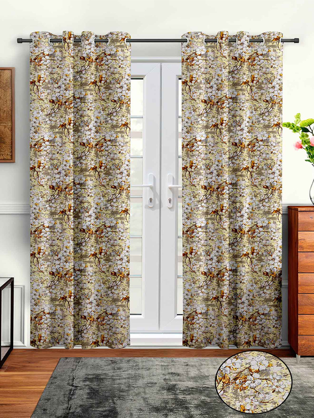 Aura Beige & White 2Pcs Floral Regular Door Curtain