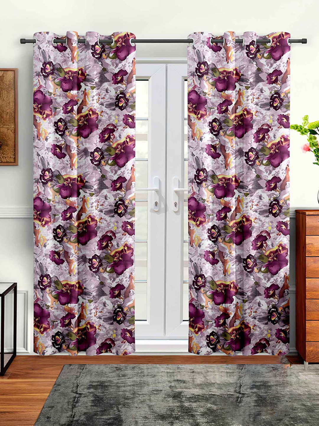 Aura Purple & White 2 Pieces Floral Printed Long Door Curtain