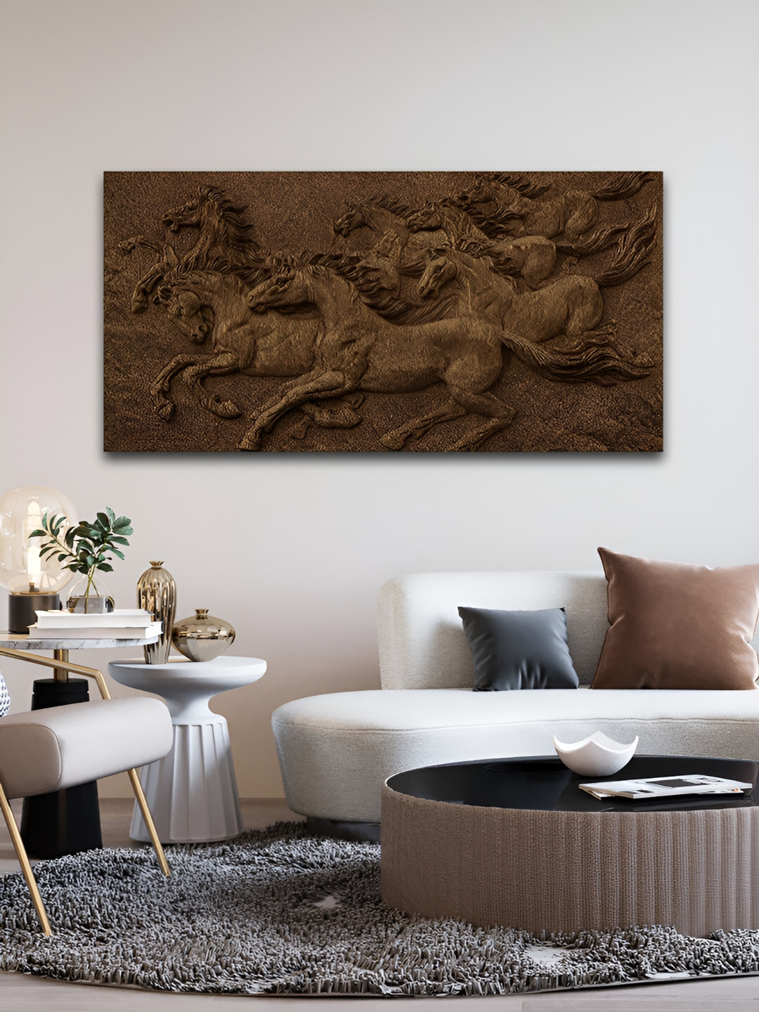 VibeCrafts 3D Seven Horses Canvas Wall Rectangle Paintings Wall Art - 48 x 24 In