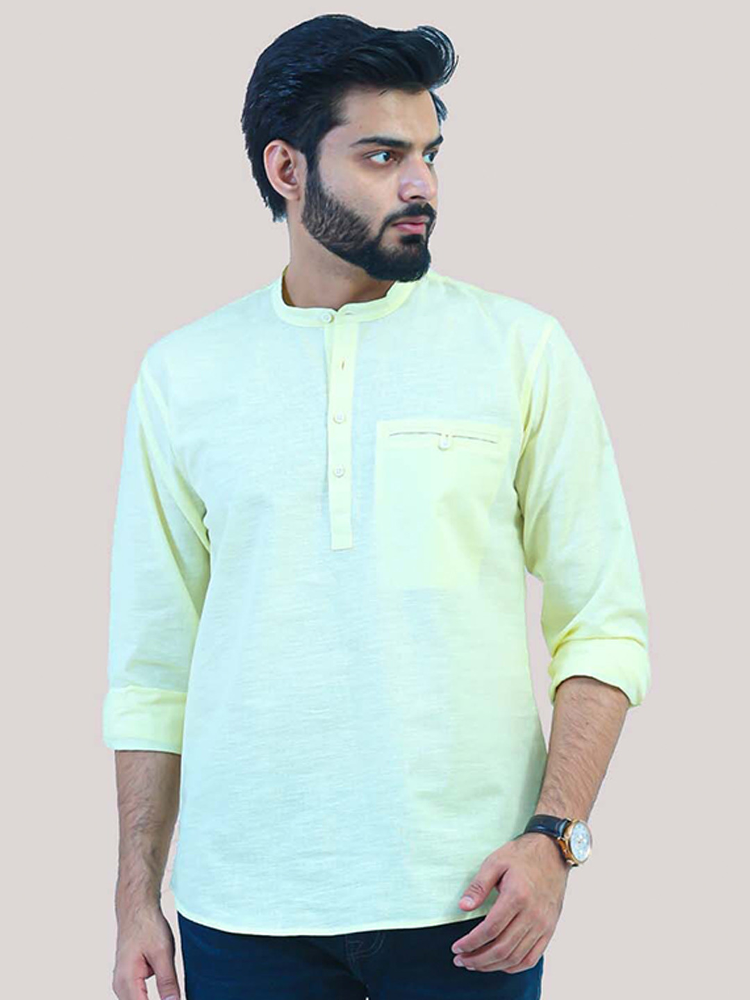 BLUEBIRD Mandarin Collar Full Sleeves Cotton Casual Pathani Short Kurta