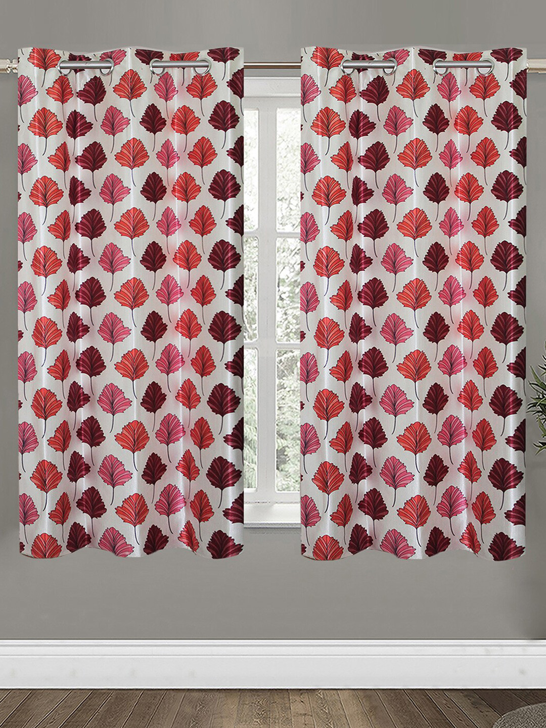 Aura White & Pink 2 Pieces Floral Printed Room Darkening Window Curtains