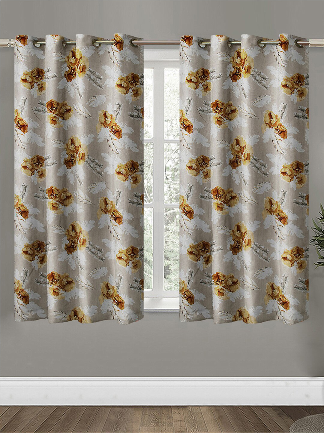 Aura Metallic & Beige 2 Pieces Floral Window Curtain