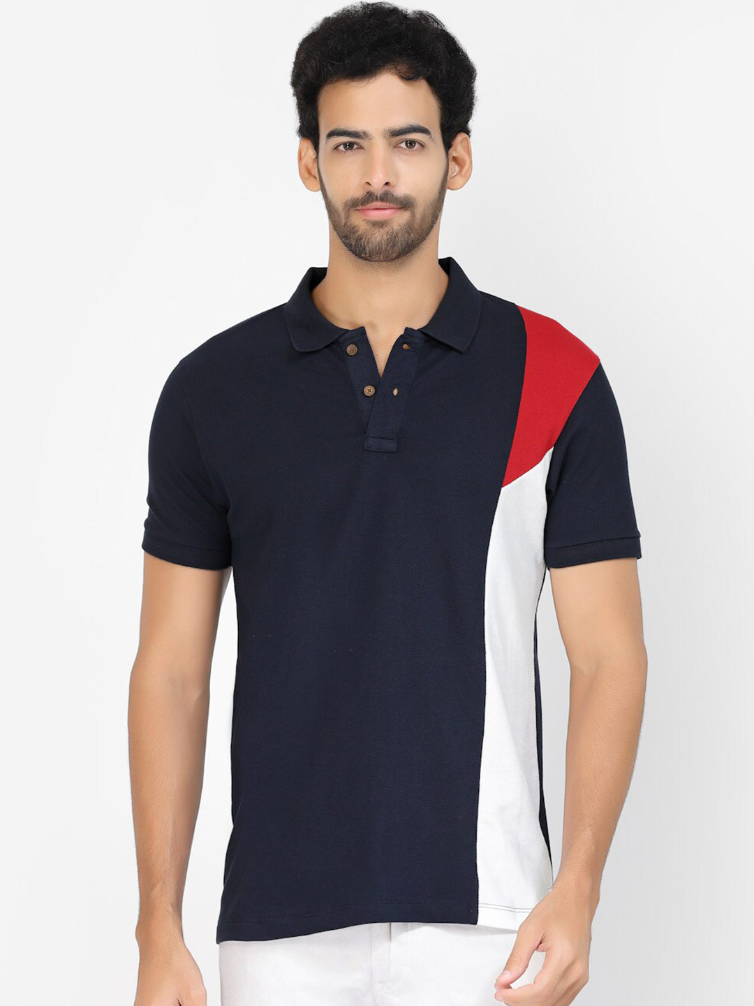 Kalt Colourblocked Polo Collar Casual T-shirt