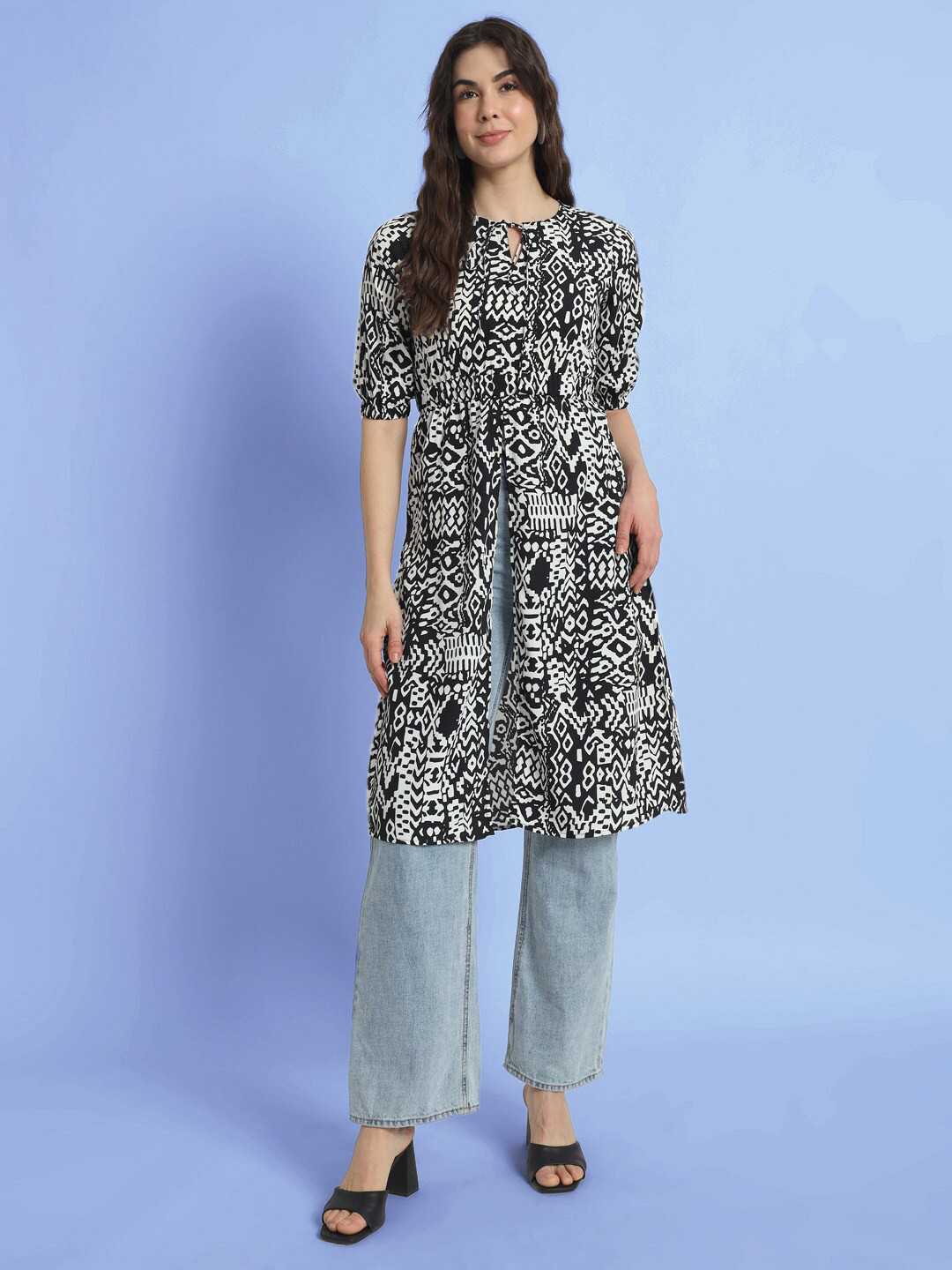CHARMGAL Geometric Printed Tie-Up Neck Puff Sleeves A-Line High Slit Kurta