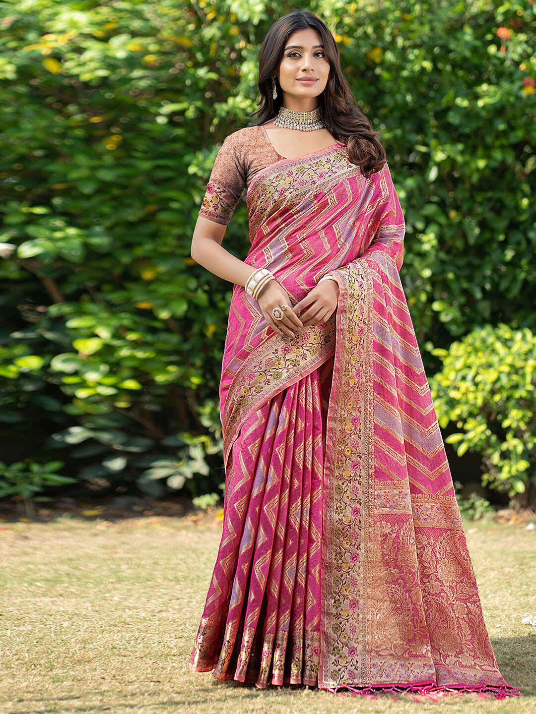 Satrani Printed Jacquard Zari Organza Leheriya Saree