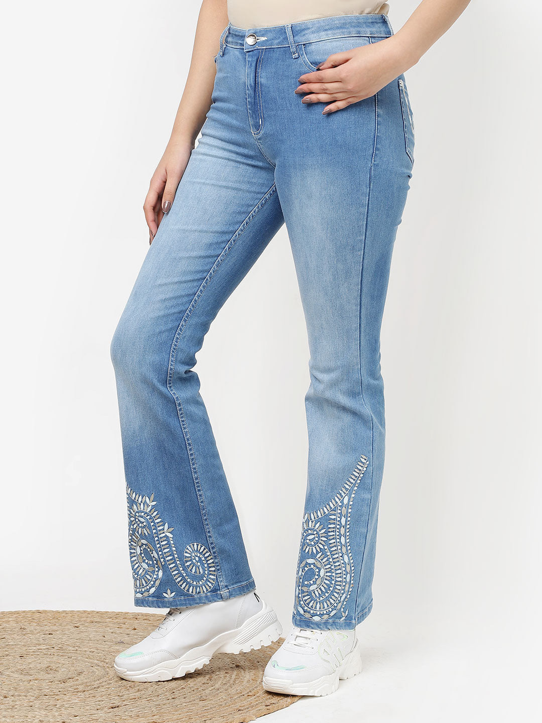 Lakshita Women Jean Flared Fit Embroidered Light Fade Stretchable Jeans