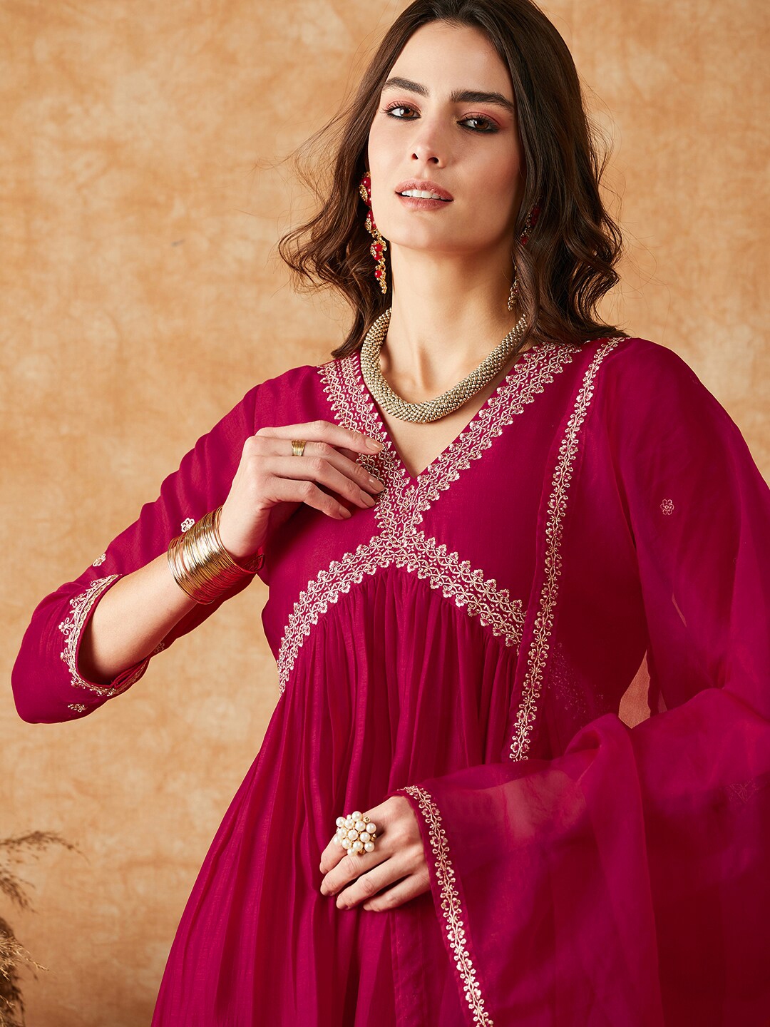 Sangria Maroon Zari REmbroidered Empire A Line Kurta With Trousers & Dupatta - Kurta Sets for Women 26844898 | Myntra