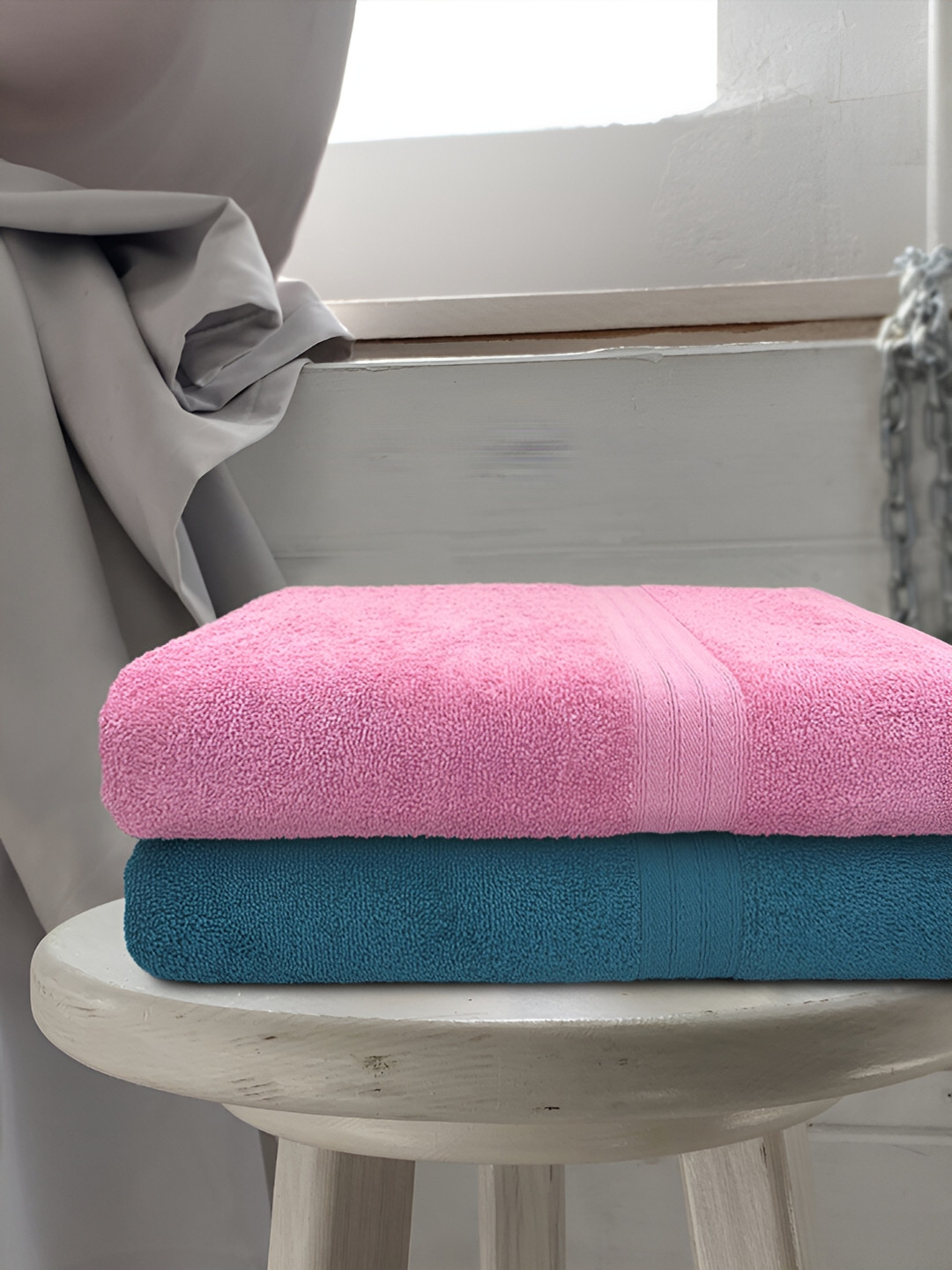Sassoon Anatolia Teal & Pink 2 Pieces Terry Cotton Bath Towel