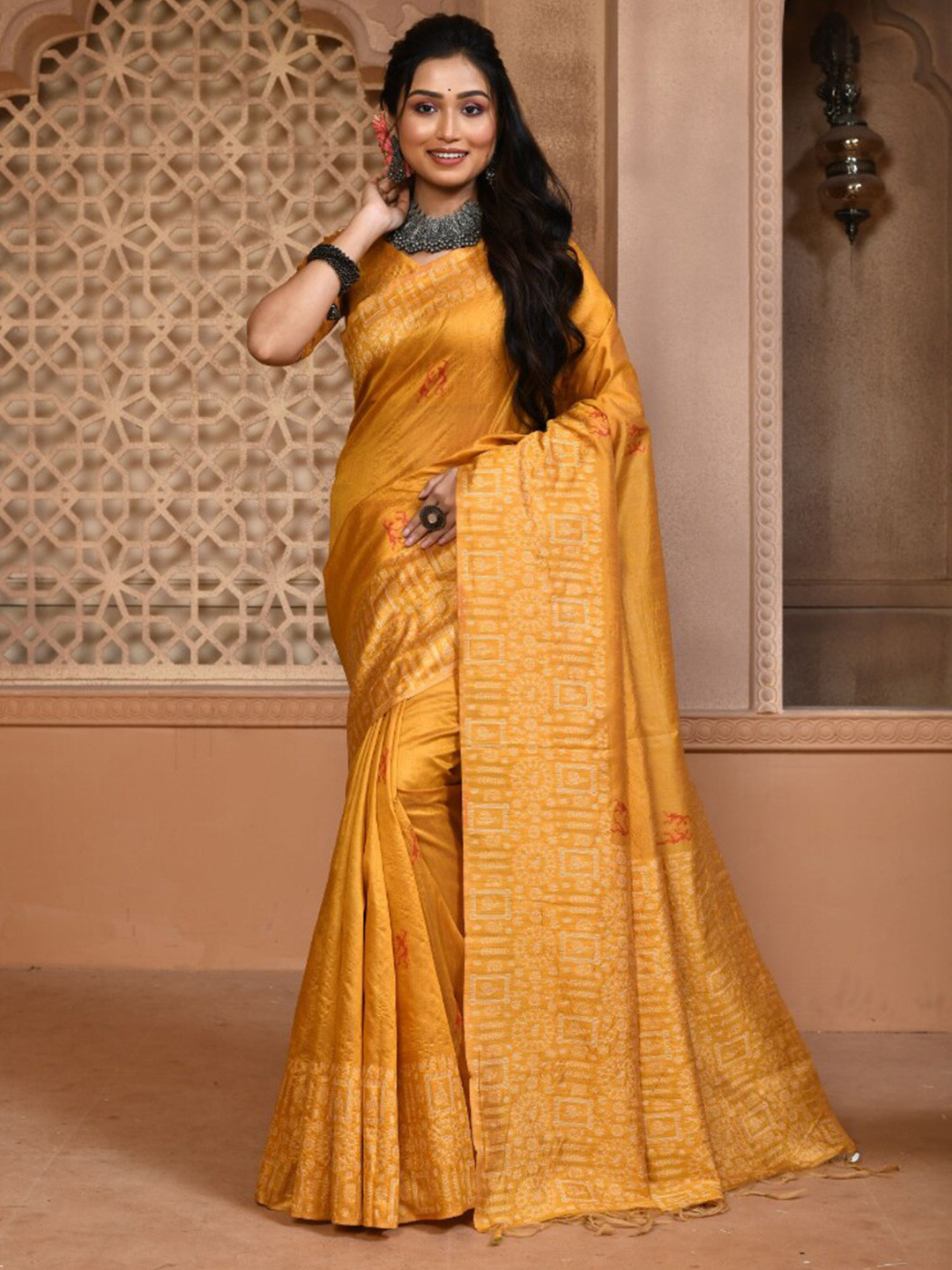 NK Textiles Yellow & GoldToned Ethnic Motifs Raw Silk Bhagalpuri Saree