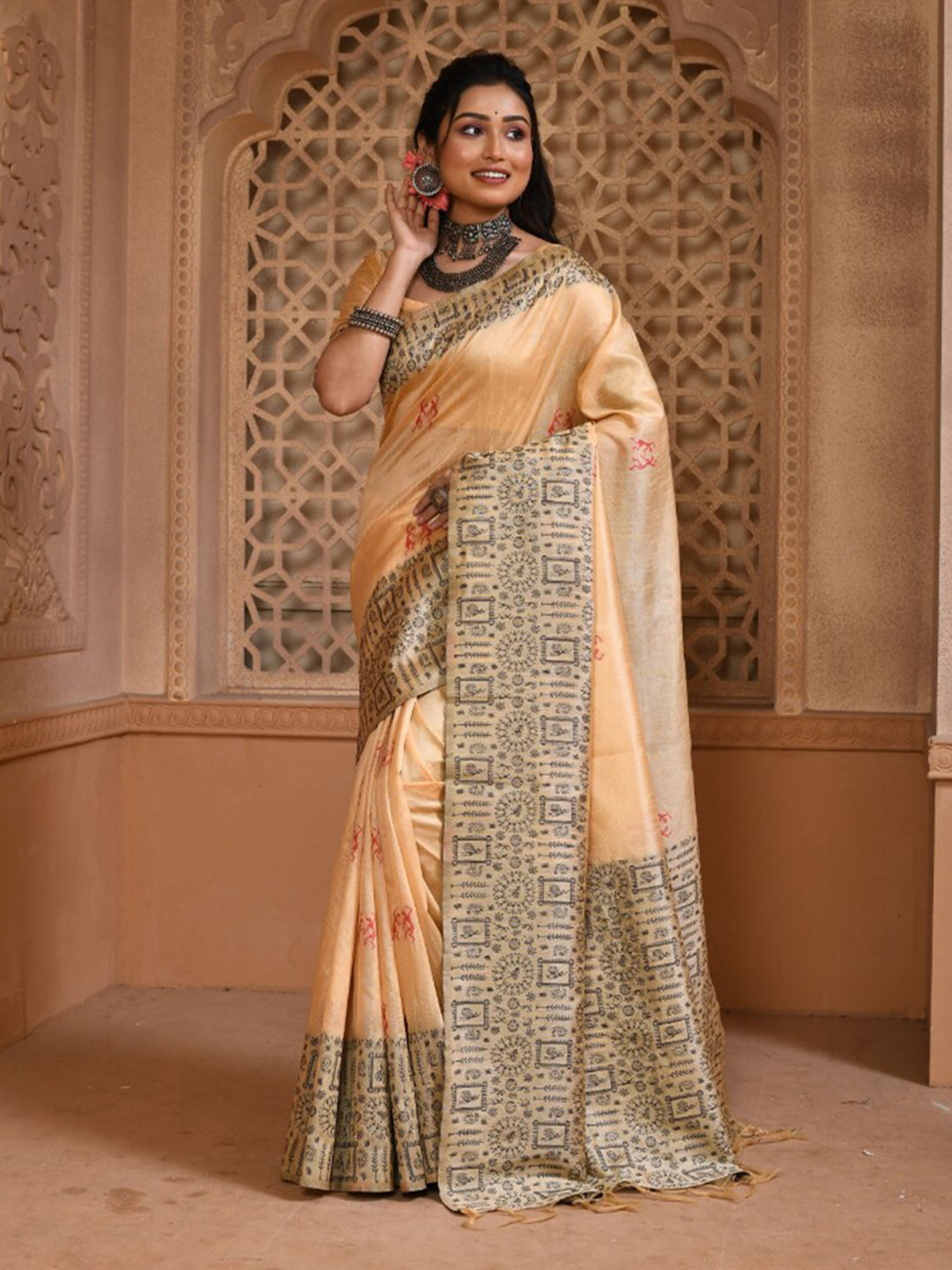 NK Textiles Peach Coloured & Black Warli Raw Silk Bhagalpuri Saree