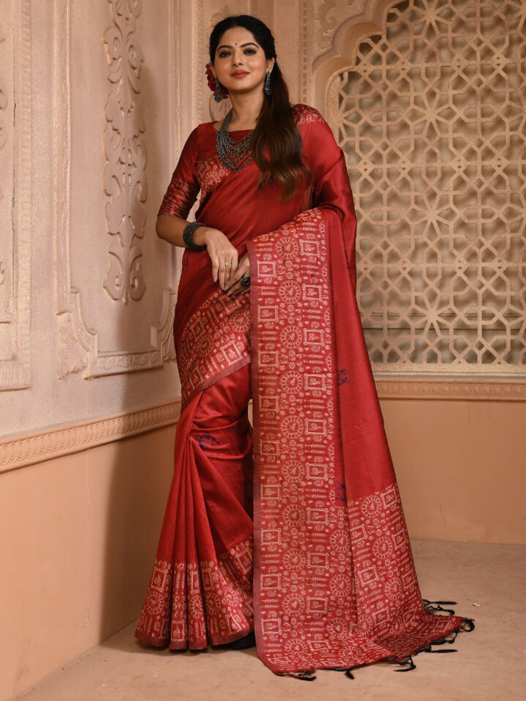 NK Textiles Red & Black Warli Raw Silk Bhagalpuri Saree