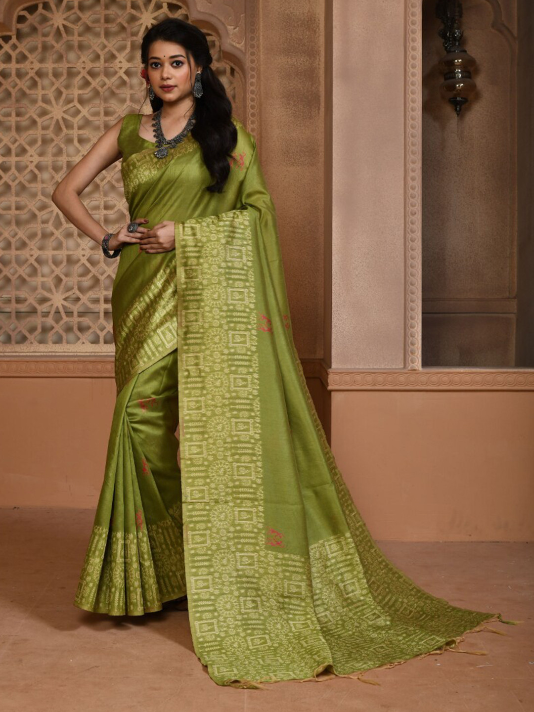 NK Textiles Olive Green & Red Warli Raw Silk Bhagalpuri Saree