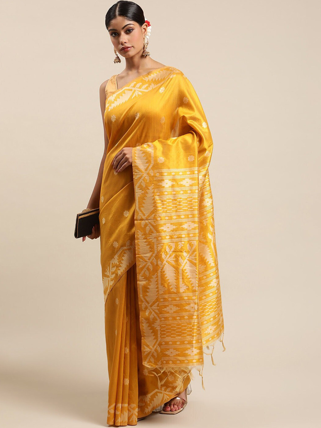 NK Textiles Yellow & Beige Raw Silk Bhagalpuri Saree