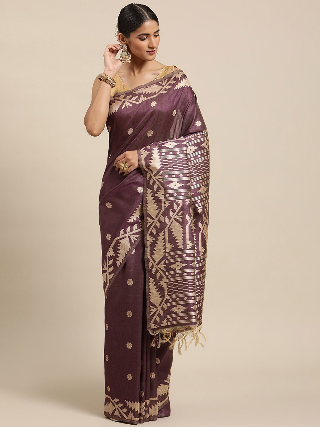 NK Textiles Purple Raw Silk Bhagalpuri Saree