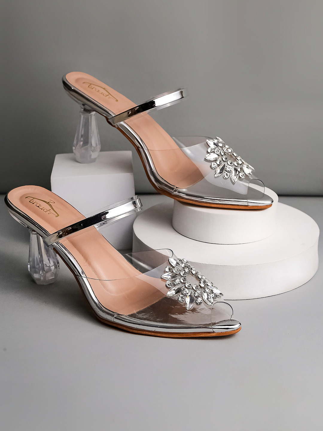 Brauch Embellished Peep Toe Block Heeled Mules