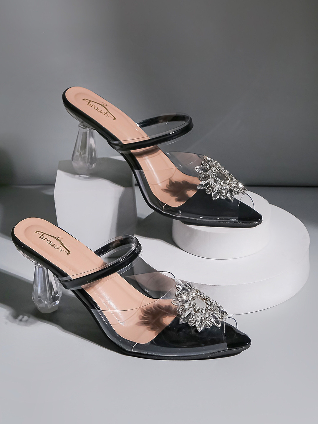Brauch Embellished Peep Toe Block Heeled Mules